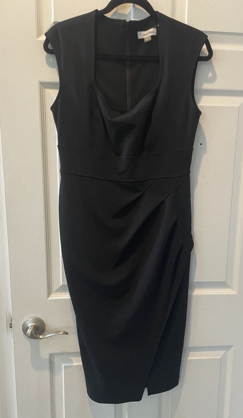 Calvin Klein Womens Rouche Design Sleeveless Knee-Length Black Dress Size 8 NWT